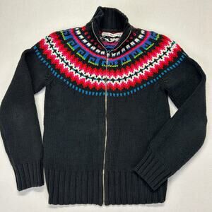 Vtg Tommy Hilfiger Womens M Fair Isle Sweater Cardigan Black Full Zip Cotton Bln